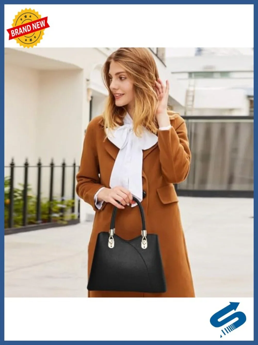 PU Leather Top Handle Tote Bag Women Satchel 3 Compartments Detachable Strap